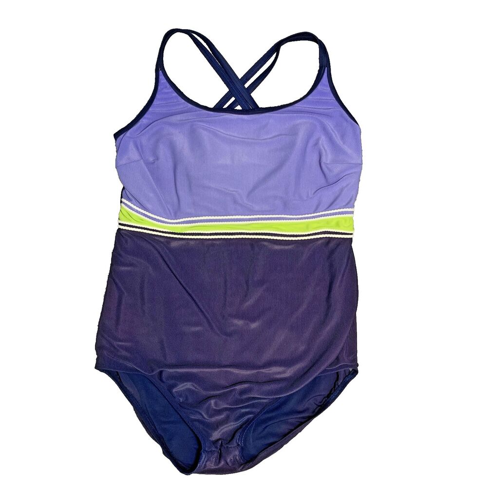 Vintage Christina 16W One Piece Swimsuit Purple Navy Colorblock Stripe Crossback